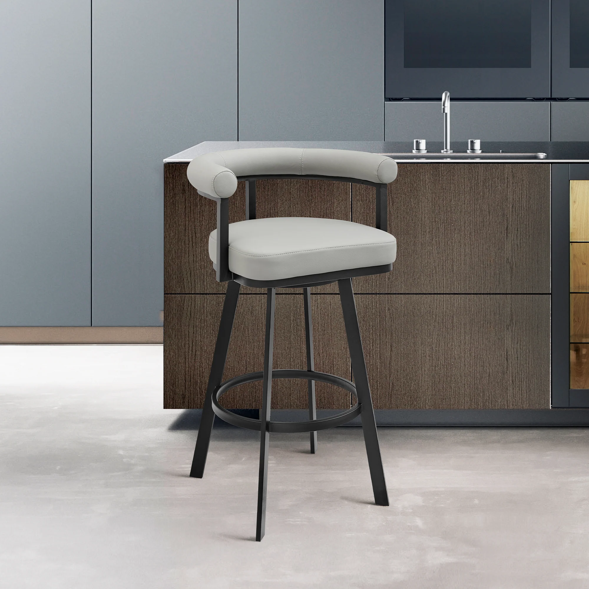 Nolagam Swivel Counter Stool in Black Metal with Brown Faux Leather By Armen Living - Image 12