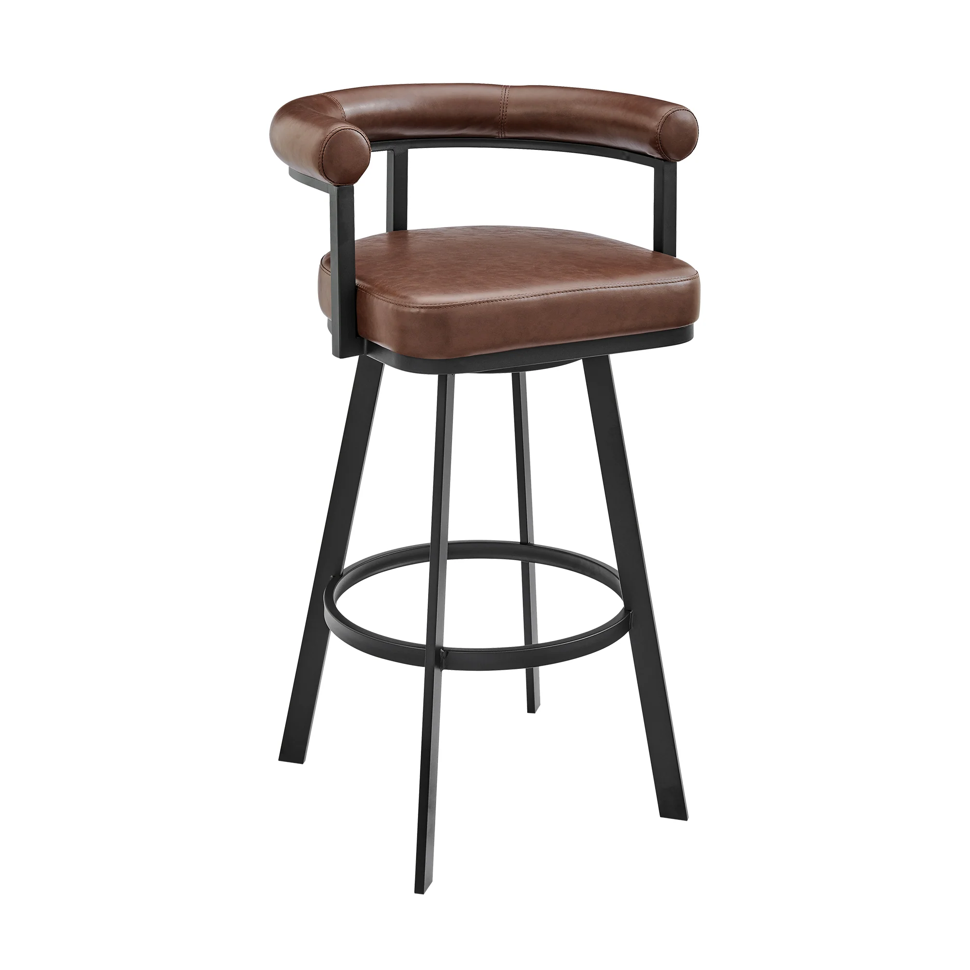 Nolagam Swivel Counter Stool in Black Metal with Brown Faux Leather By Armen Living - Image 2