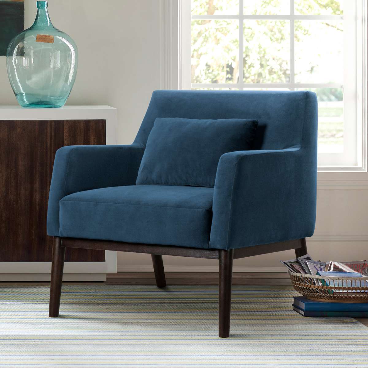 Oliver Blue Velvet Modern Accent Chair with Wood Legs By Armen Living