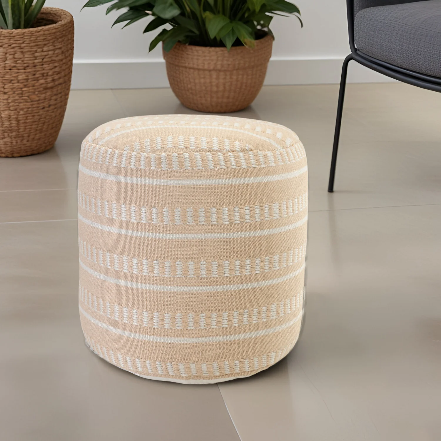 Orange Polyester Round Striped Indoor Outdoor Pouf Ottoman By Homeroots