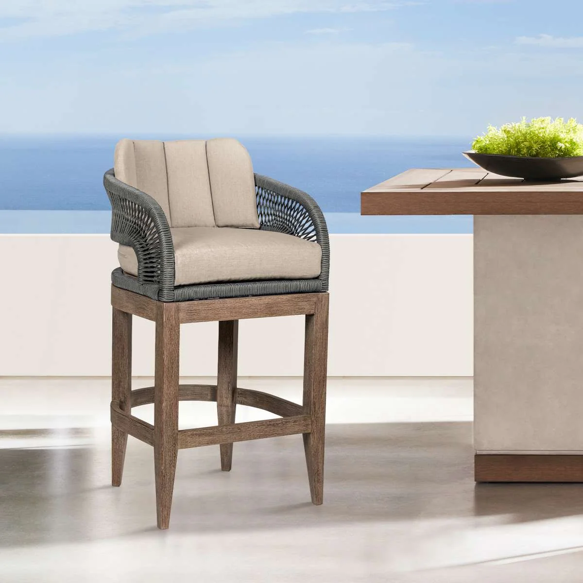 Orbit Outdoor Patio 30" Bar Stool in Weathered Eucalyptus Wood with Gray Rope and Taupe Olefin Cushions By Armen Living
