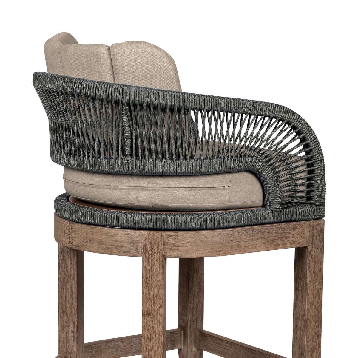 Orbit Outdoor Patio 30" Bar Stool in Weathered Eucalyptus Wood with Gray Rope and Taupe Olefin Cushions By Armen Living - Image 9