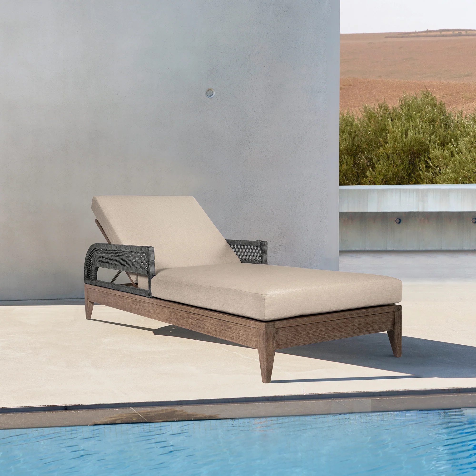 Orbit Outdoor Patio Chaise Lounge Chair in Weathered Eucalyptus Wood with Gray Rope and Taupe Olefin Cushions By Armen Living