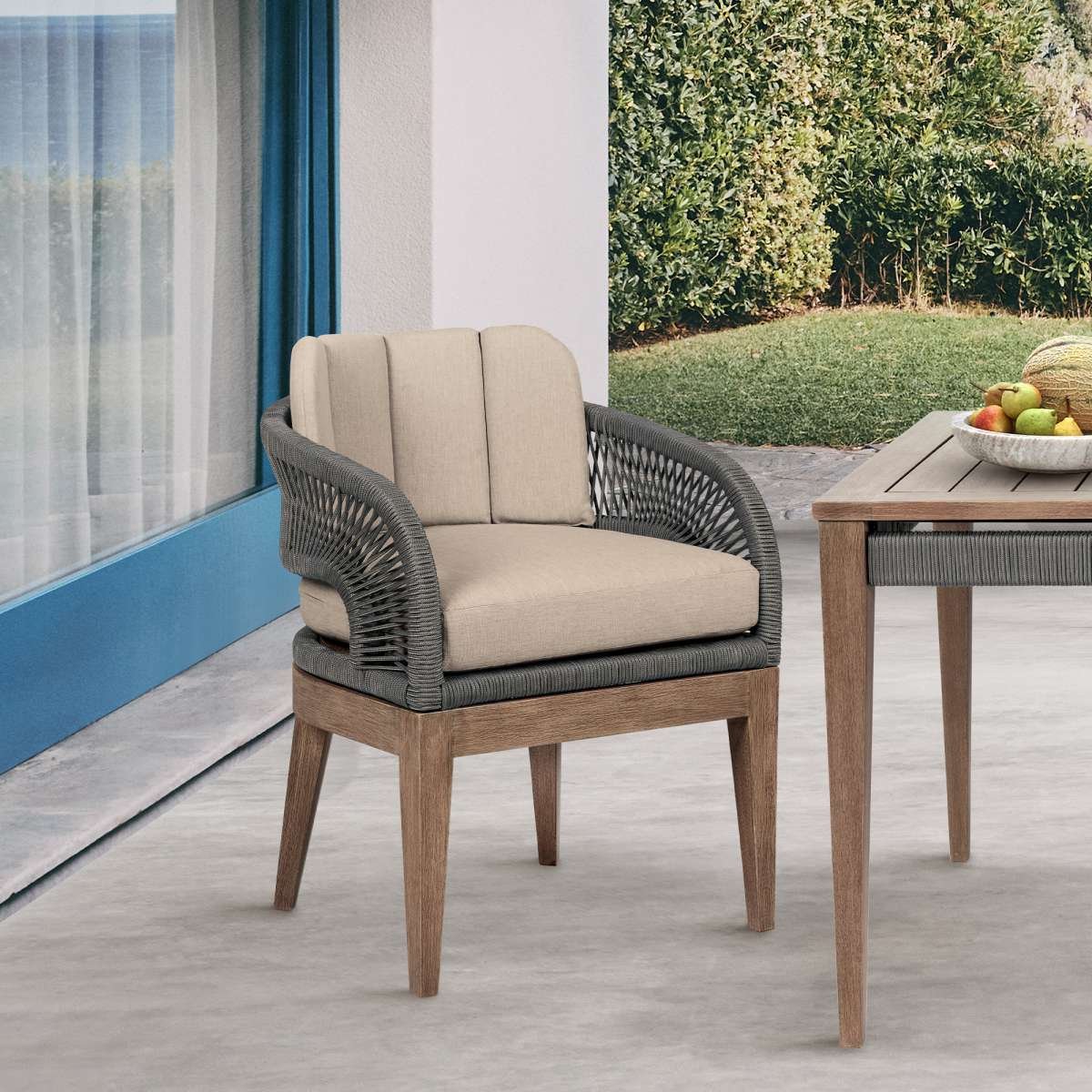 Orbit Outdoor Patio Dining Chair in Weathered Eucalyptus Wood with Gray Rope and Taupe Olefin Cushions By Armen Living