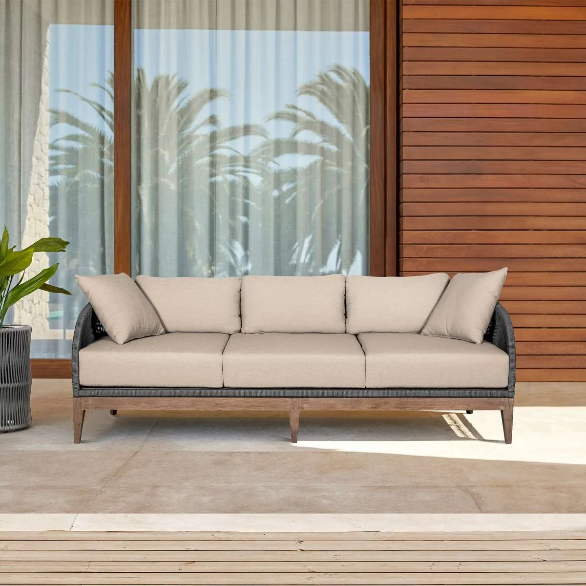 Orbit Outdoor Patio Sofa in Weathered Eucalyptus Wood with Gray Rope and Taupe Olefin Cushions By Armen Living
