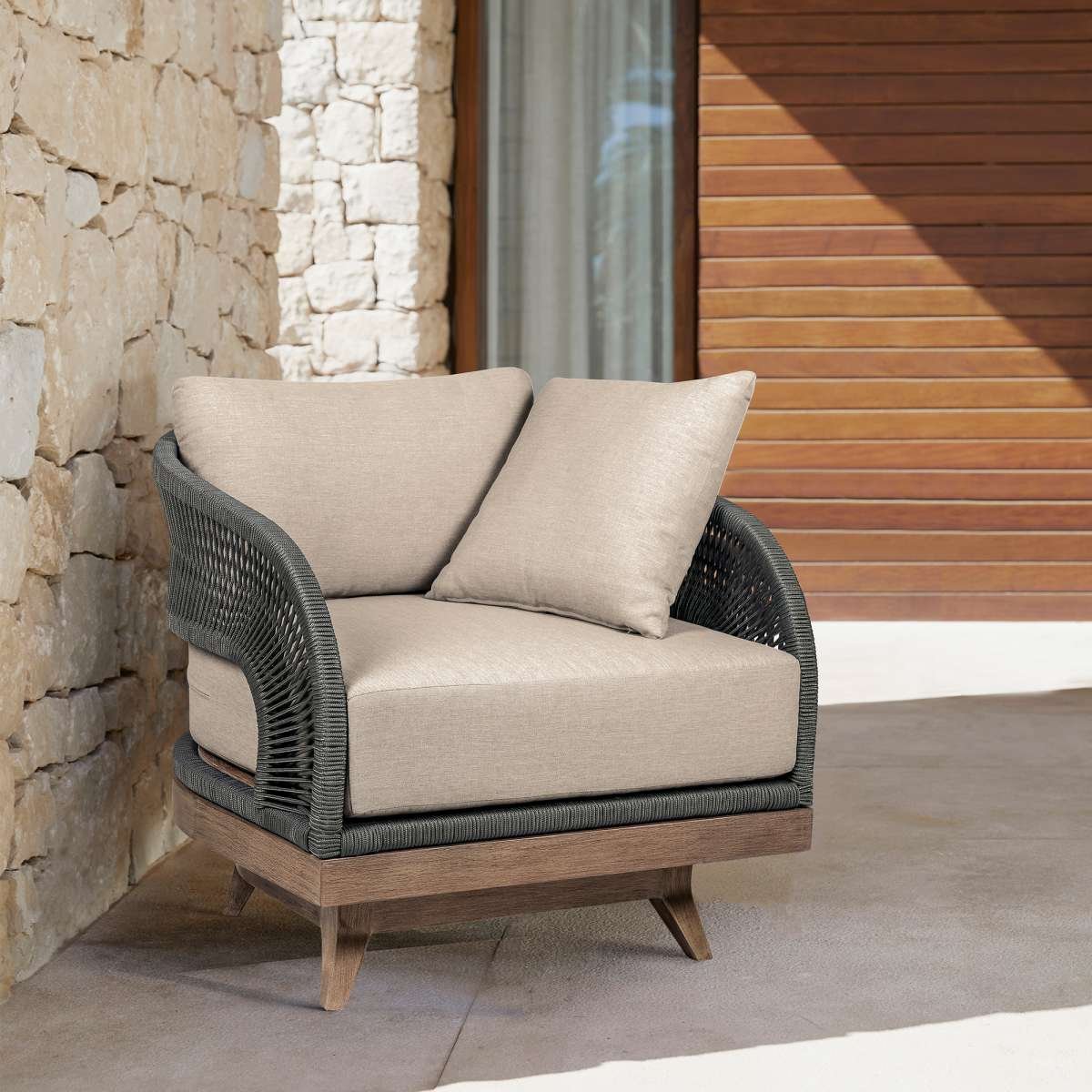Orbit Swivel Outdoor Patio Chair in Weathered Eucalyptus Wood with Gray Rope and Taupe Olefin Cushions By Armen Living