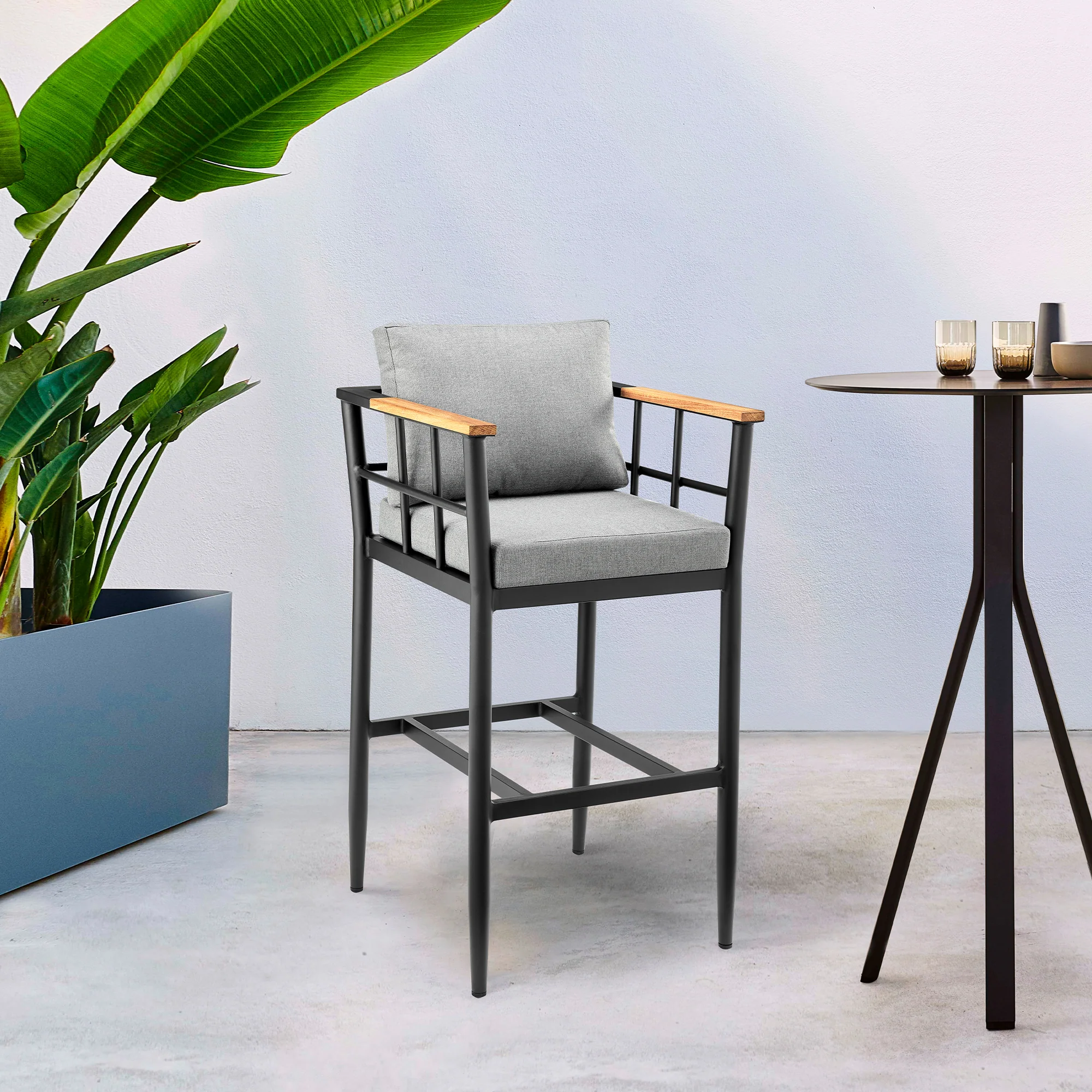 Orlando Outdoor Patio Counter Height Bar Stool in Aluminum and Teak with Gray Cushions By Armen Living
