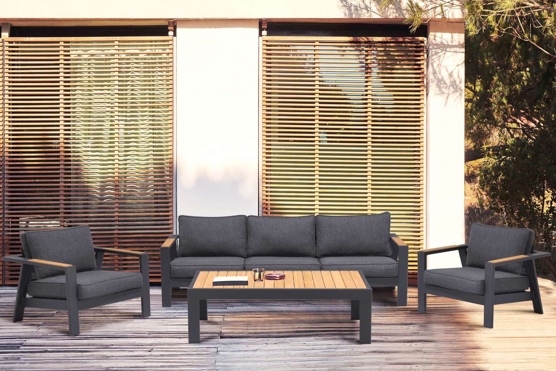 Palau Outdoor Sofa in Dark Grey with Natural Teak Wood Accent and Cushions By Armen Living - Image 2