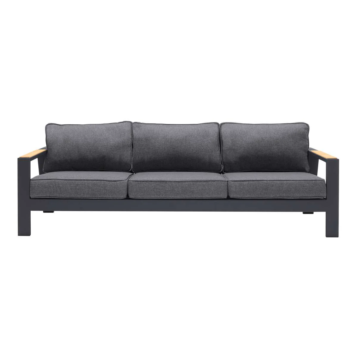 Palau Outdoor Sofa in Dark Grey with Natural Teak Wood Accent and Cushions By Armen Living - Image 3
