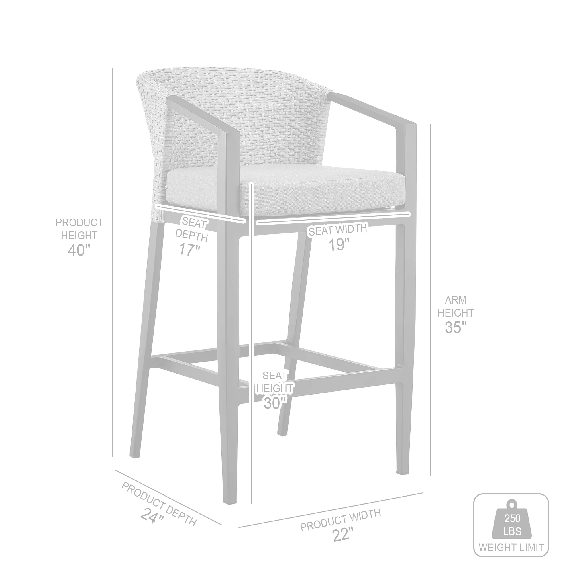 Palma Outdoor Patio Bar Stool in Aluminum and Wicker with Gray Cushions By Armen Living - Image 9