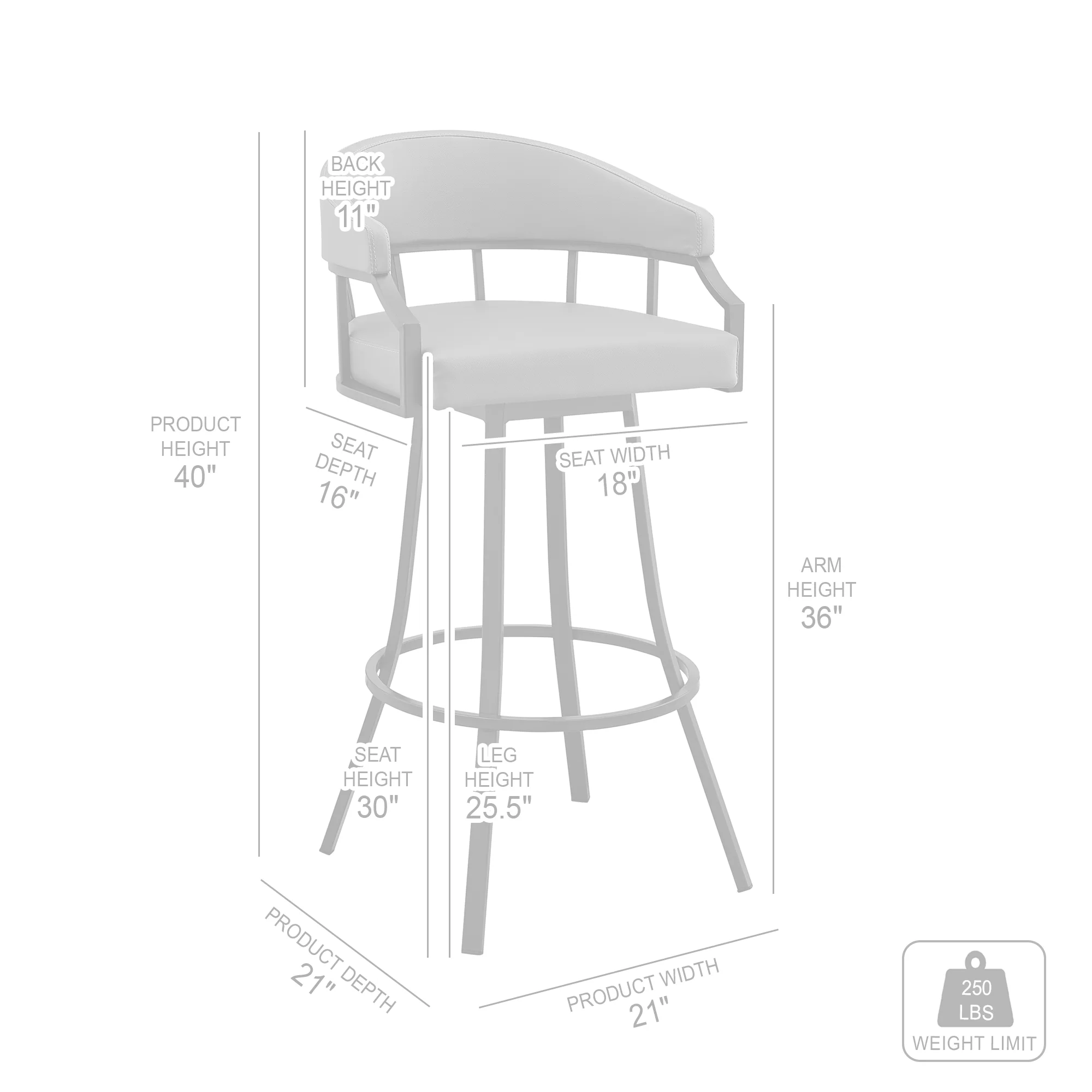 Palmdale 30" Swivel White Faux Leather and Silver Metal Bar Stool By Armen Living - Image 9