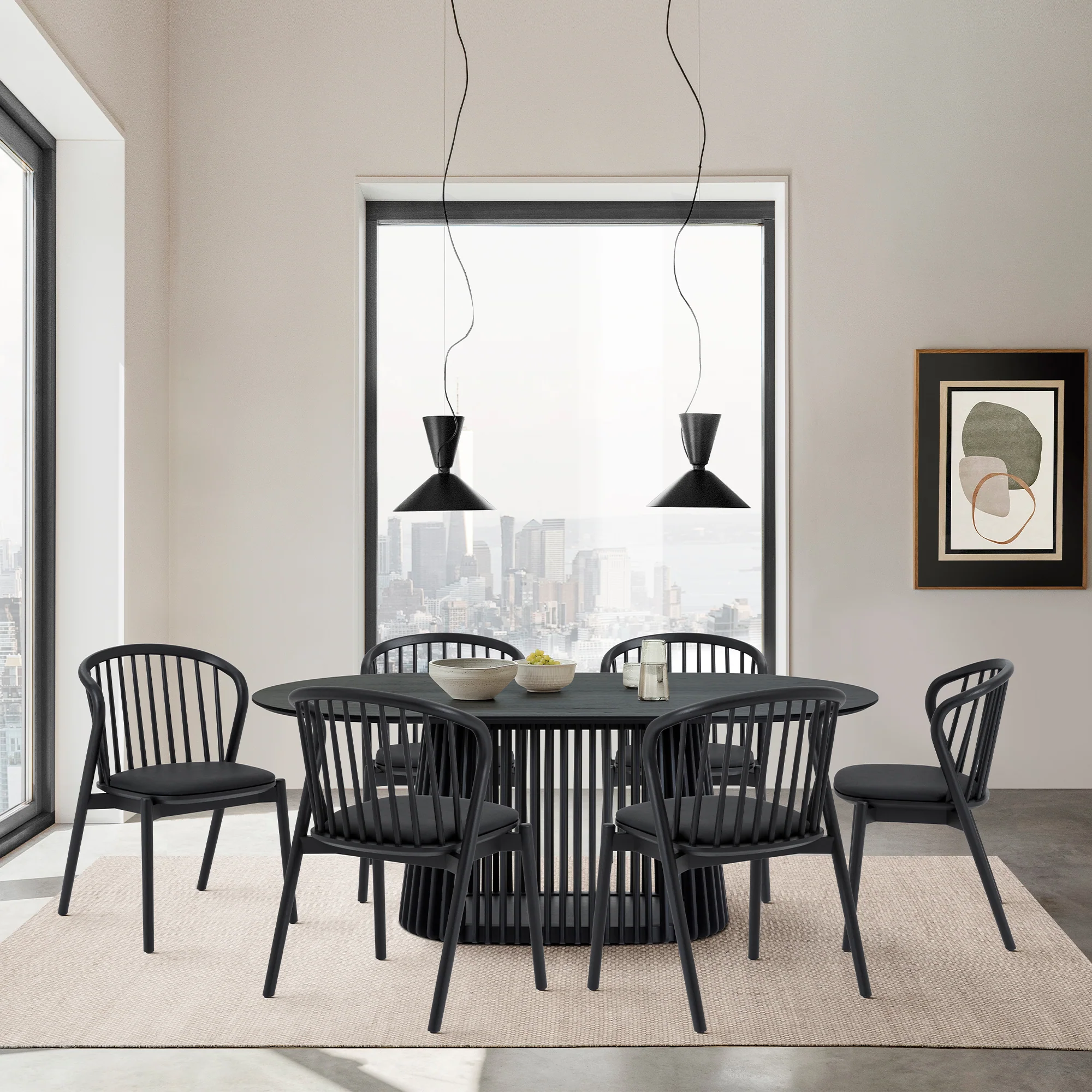 Pasadena Echo 7 Piece Oval Dining Set in Black Oak Finish with Black Faux Leather By Armen Living