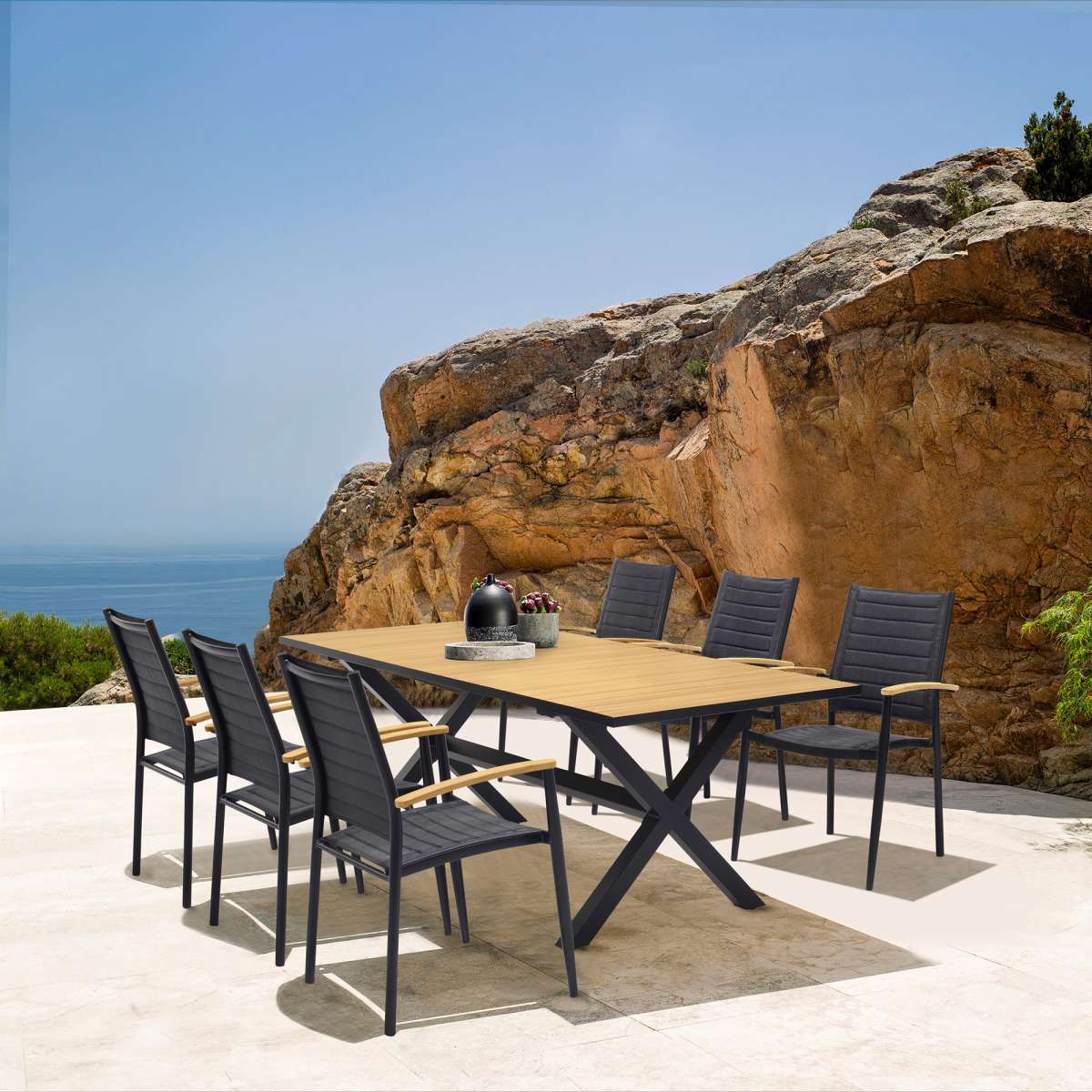 Paseo & Portals Outdoor 7 Piece Black Aluminum Dining Set By Armen Living