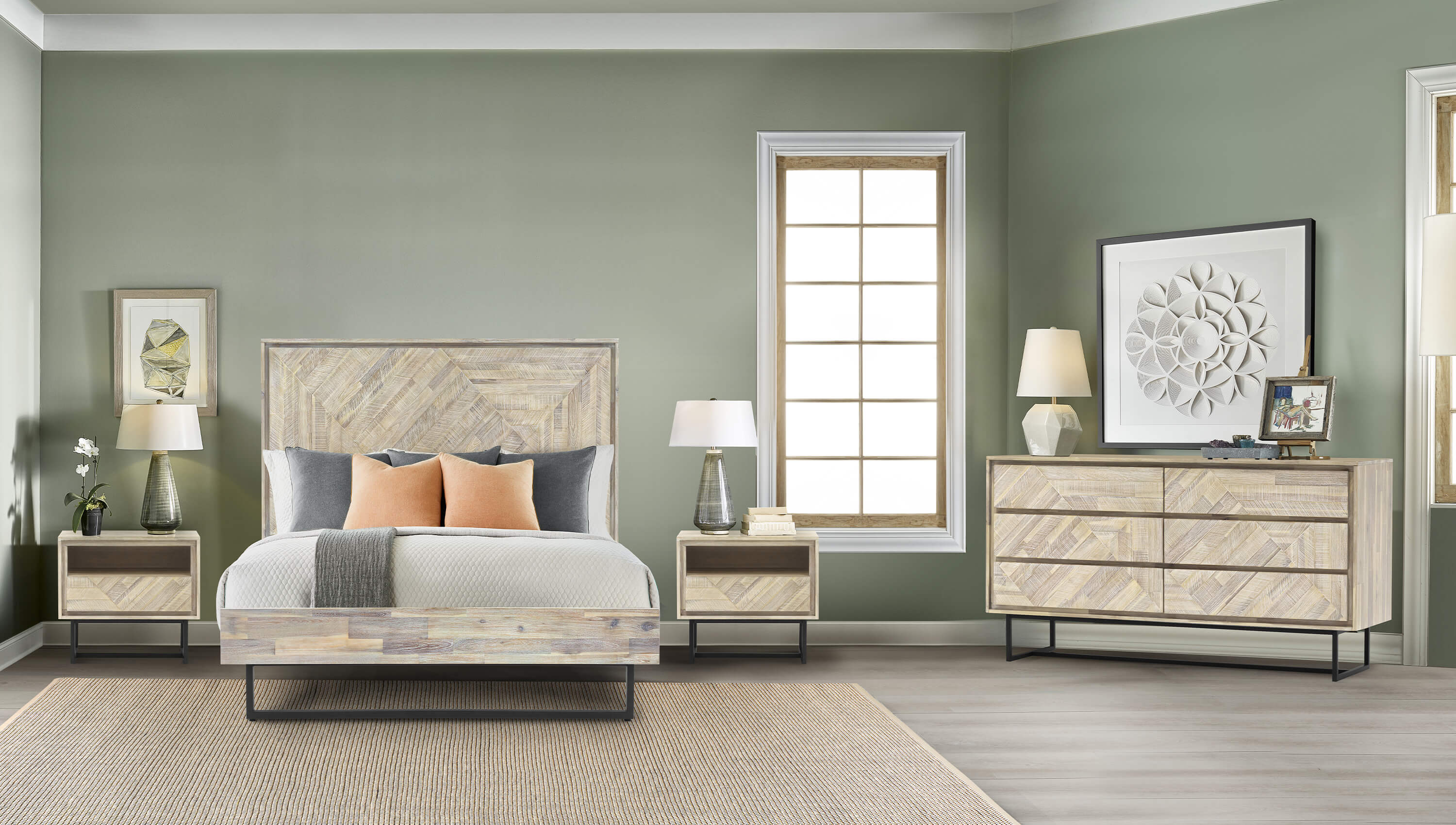 Peridot 4 Piece Queen Bedroom Set in Natural Acacia Wood By Armen Living