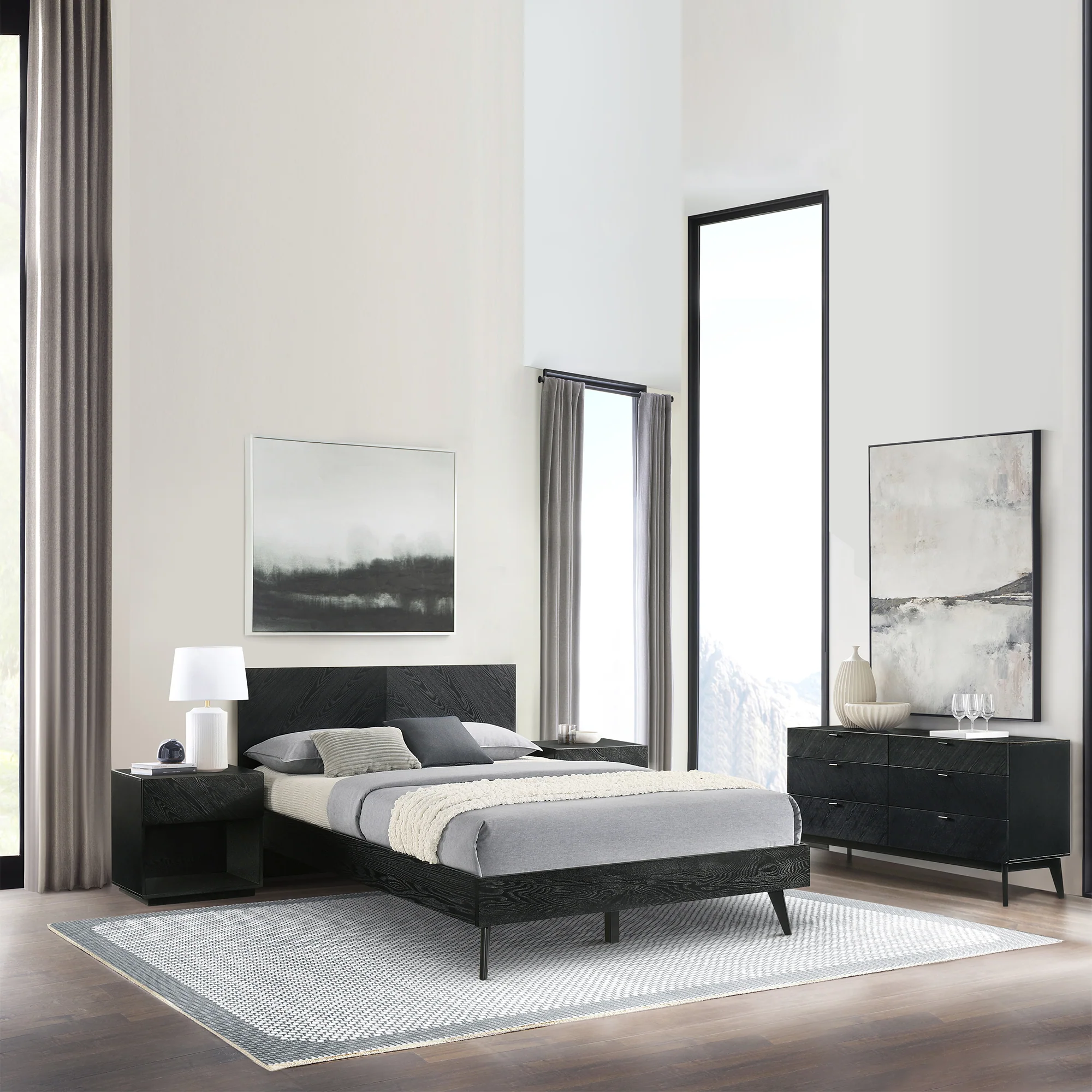 Petra Queen 4 Piece Wood Bedroom Set in Black Finish By Armen Living