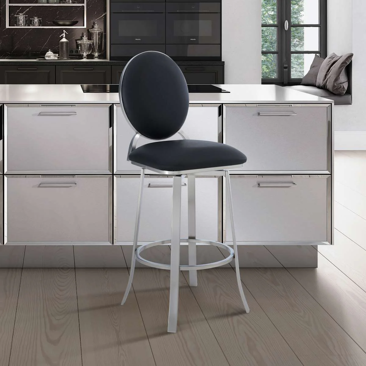 Pia Contemporary 30" Bar Height Barstool in Brushed Stainless Steel Finish and Black Faux Leather By Armen Living