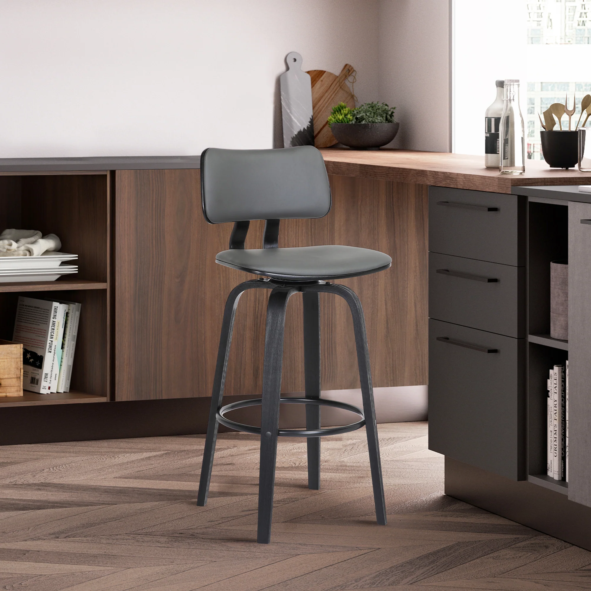 Pico 26" Swivel Black Wood Counter Stool in Grey Faux Leather with Black Metal By Armen Living