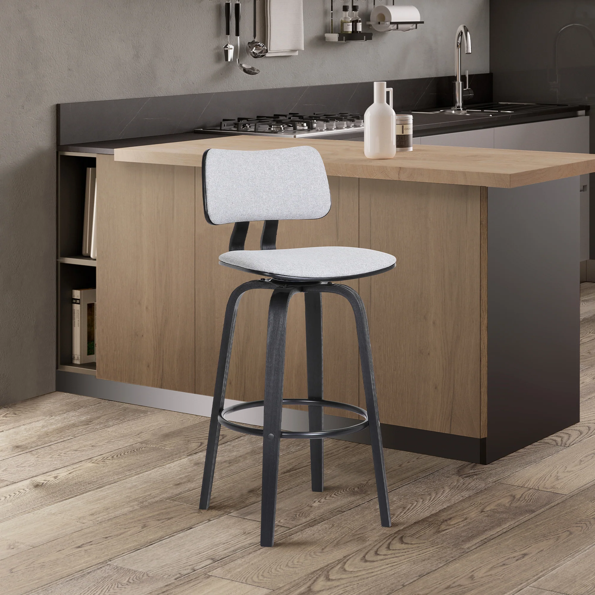 Pico 26" Swivel Black Wood Counter Stool in Grey Faux Leather with Black Metal By Armen Living - Image 11