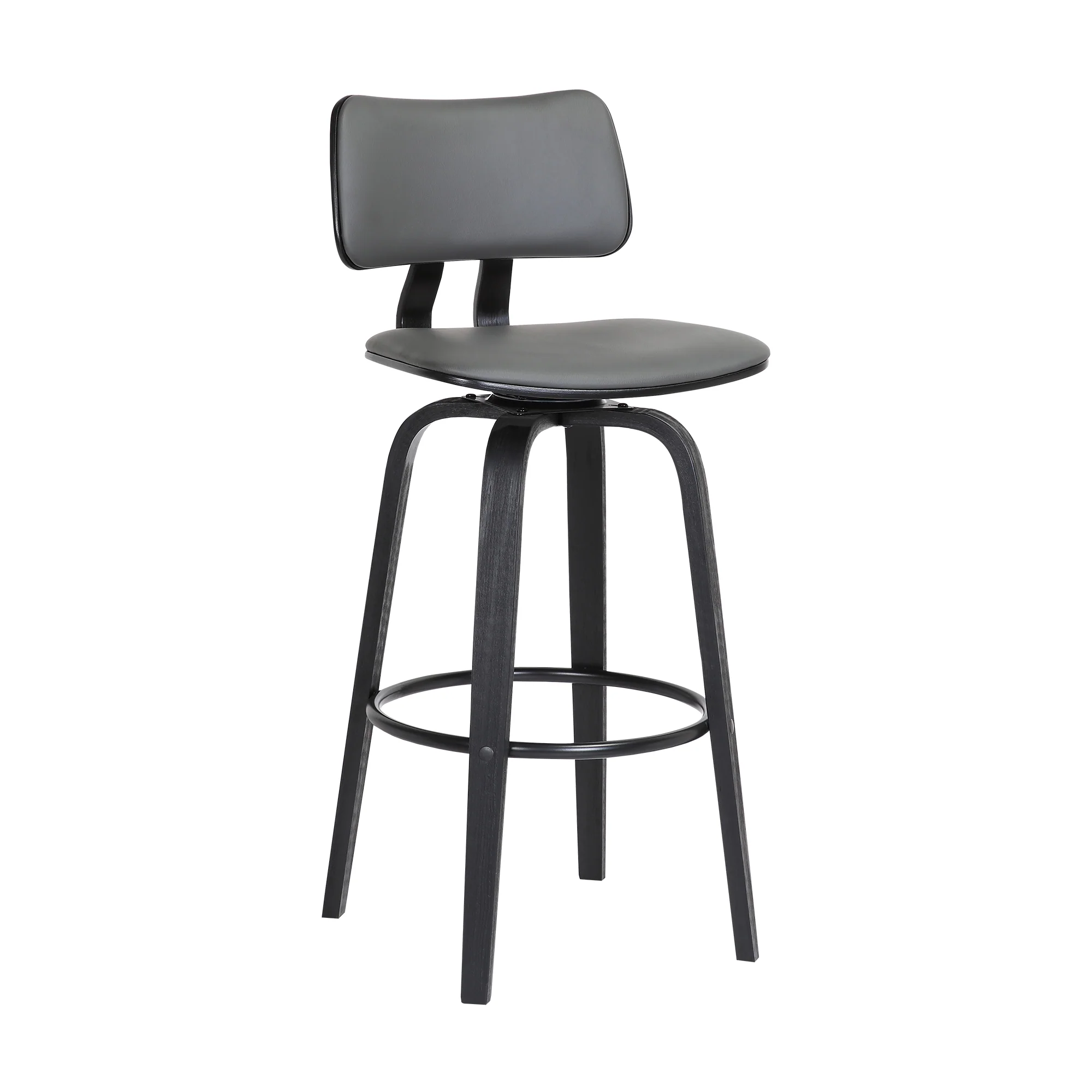 Pico 30" Swivel Black Wood Bar Stool in Grey Faux Leather with Black Metal By Armen Living - Image 2