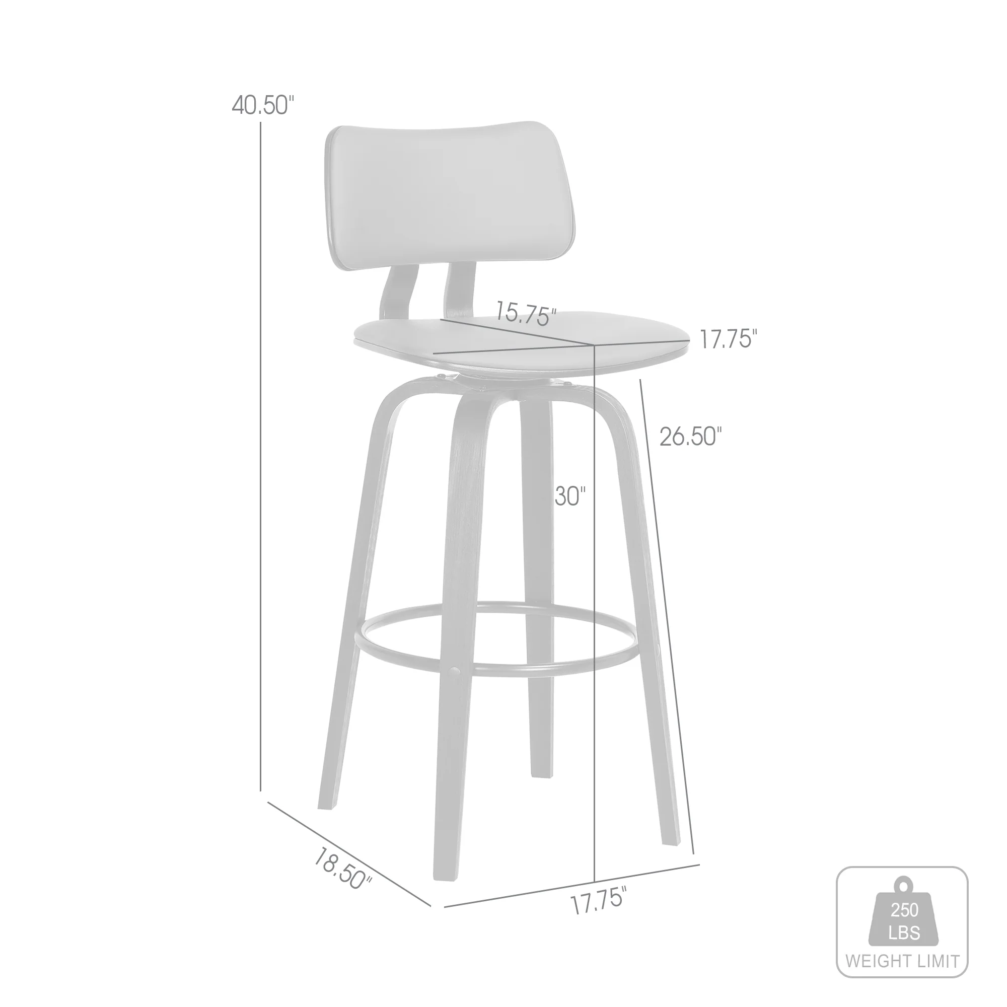 Pico 30" Swivel Black Wood Bar Stool in Grey Faux Leather with Black Metal By Armen Living - Image 9