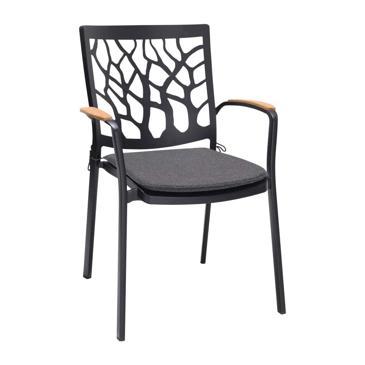 Portals Outdoor 5 piece Dining Table Set in Black Finish and Natural Teak Wood Accent Top By Armen Living - Image 3