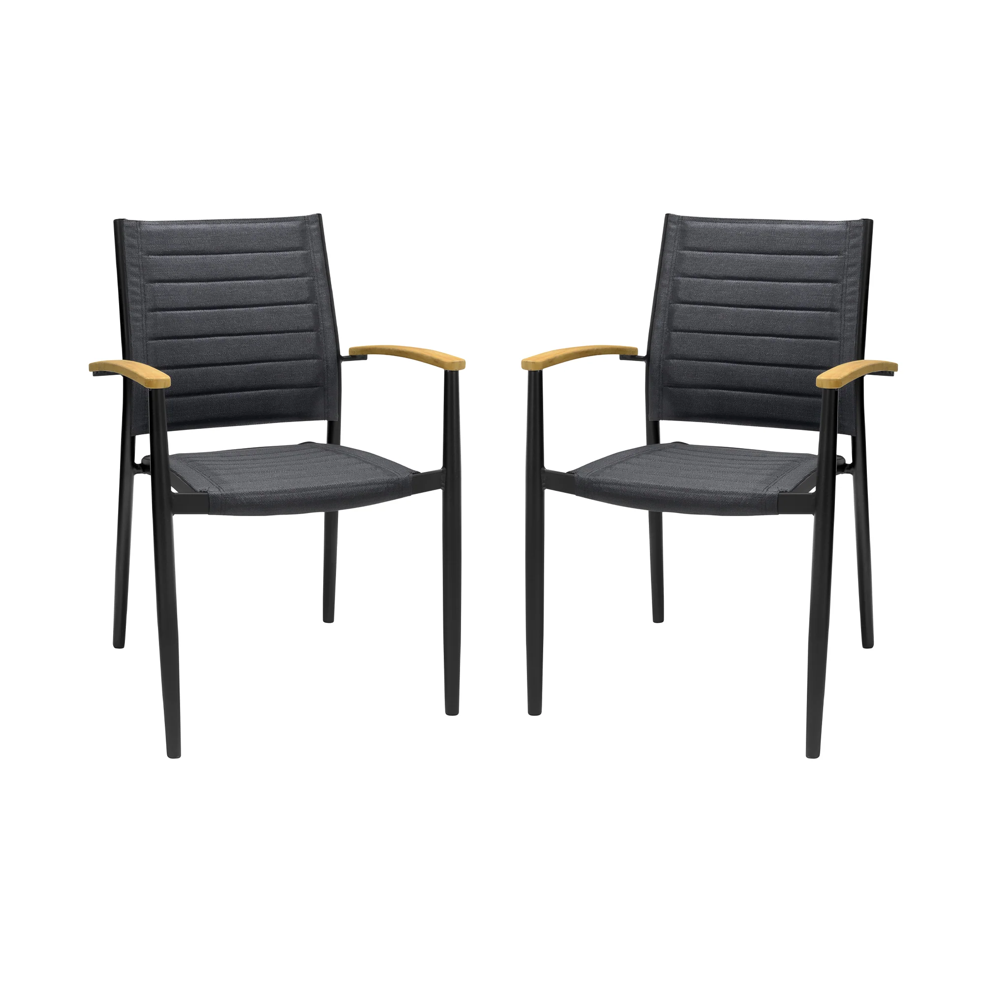 Portals Outdoor Black Aluminum Stacking Dining Chair with Teak Arms - Set of 2 By Armen Living - Image 2