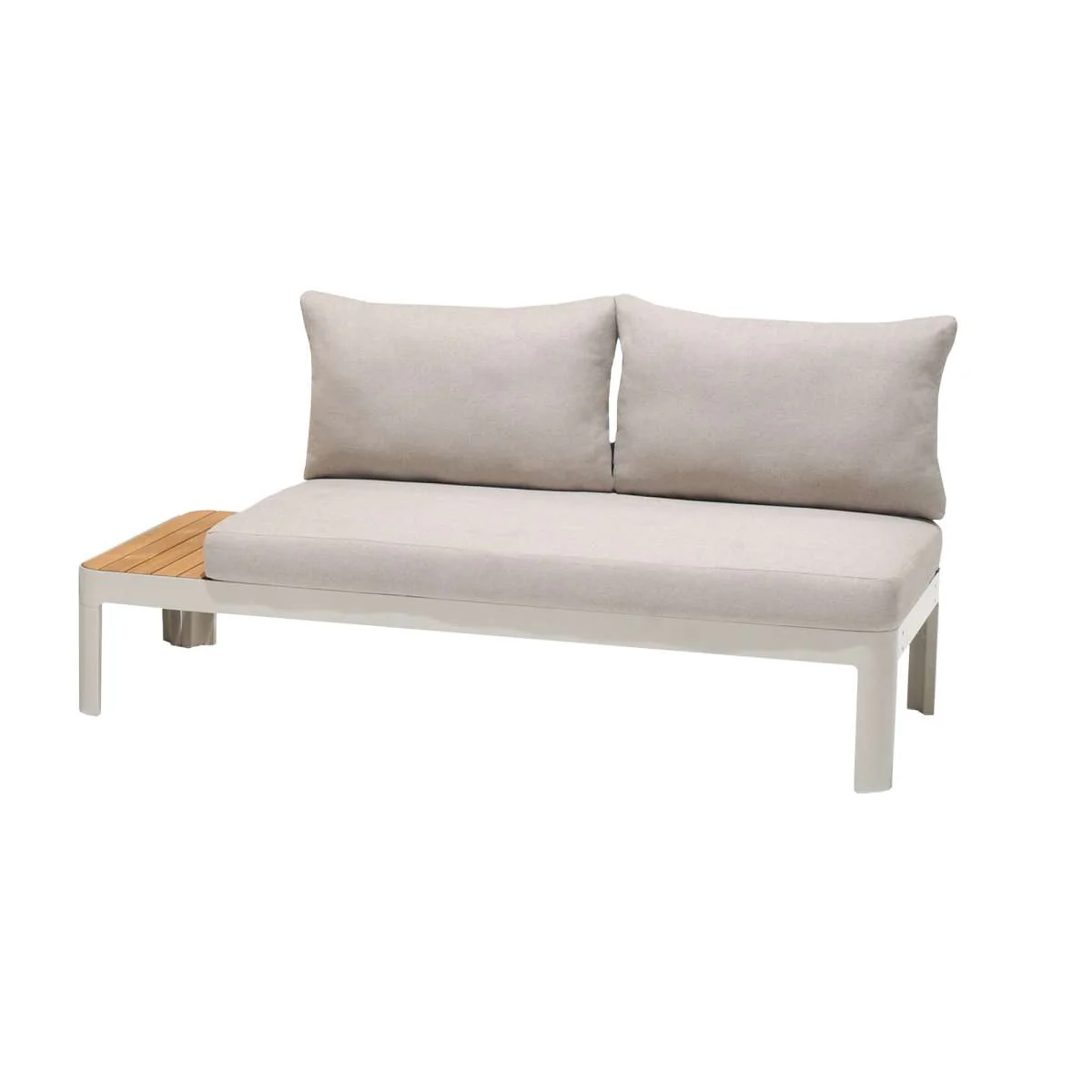 Portals Outdoor Sofa in Light Matte Sand Finish with Natural Teak Wood and Beige Cushions By Armen Living - Image 3
