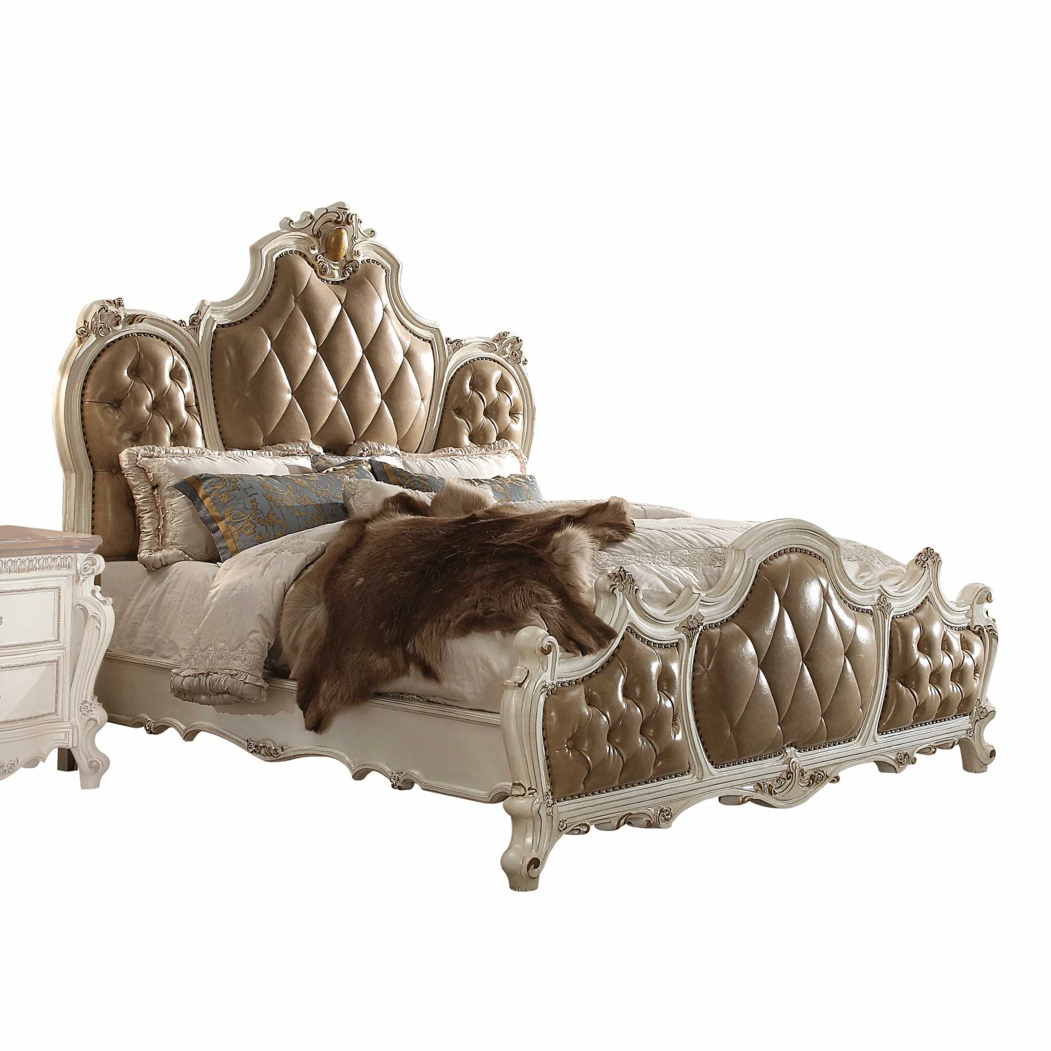 Pu Antique Pearl Wood Poly Resin Upholstery Queen Bed By Homeroots - Image 2