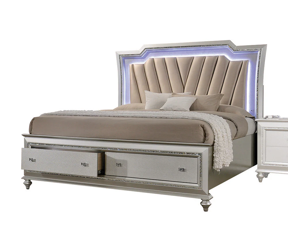 Pu Champagne Wood Upholstered Hb Led Eastern King Bed By Homeroots - Image 2