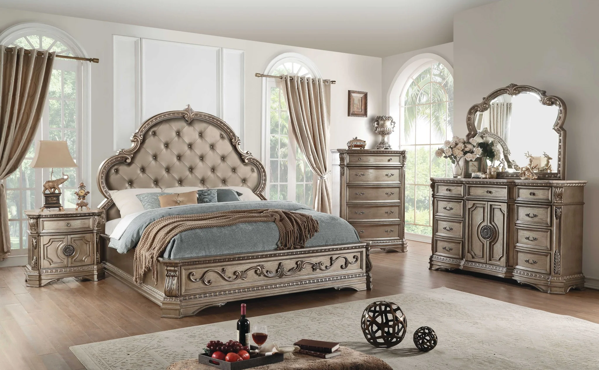 Queen Antique Champagne Pu Bed By Homeroots