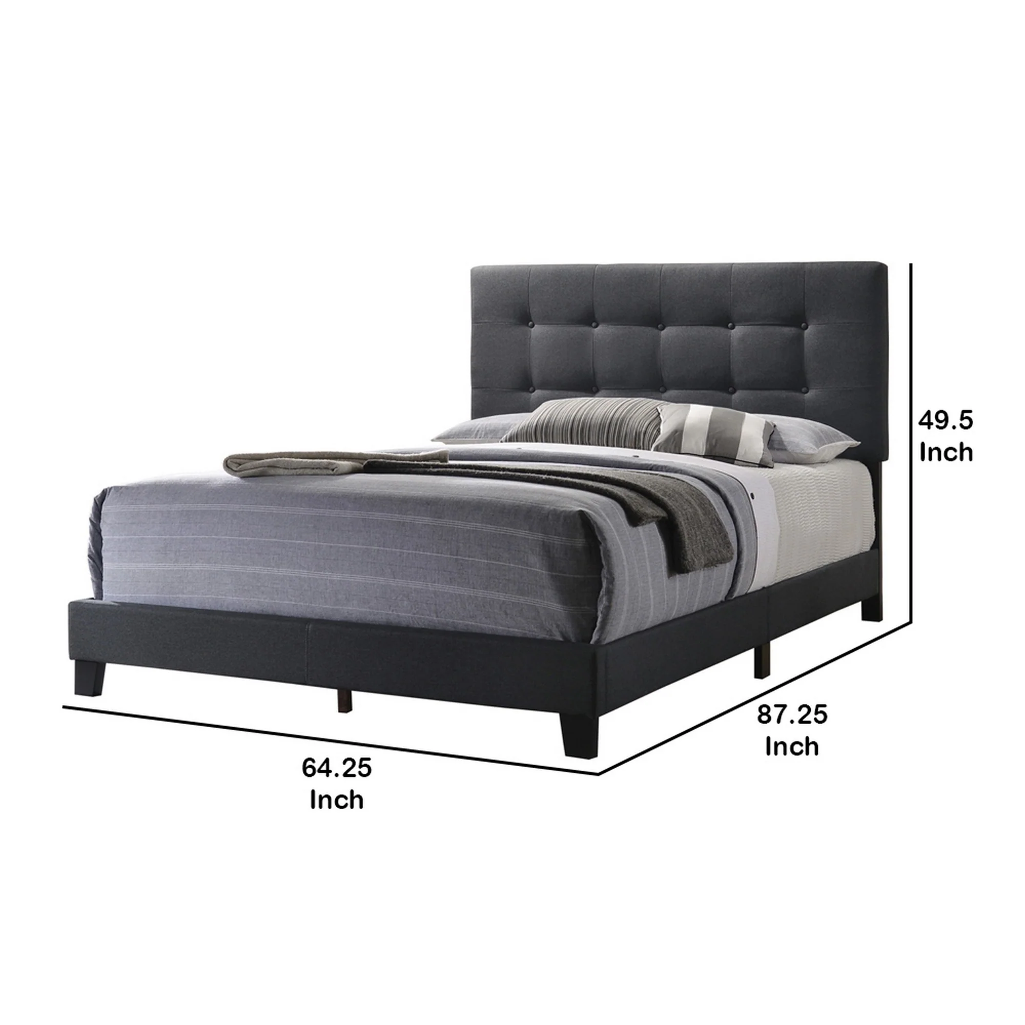 Queen Size Bed With Square Button Tufted Headboard, Dark Gray By Benzara - Image 5