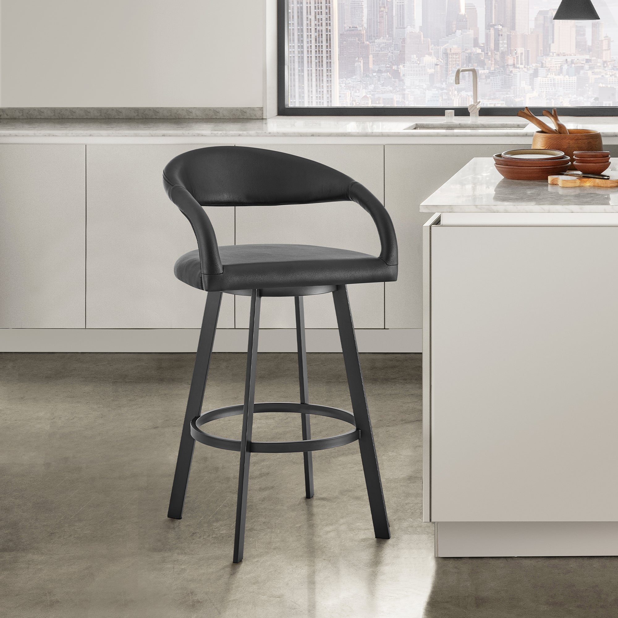 Ramona 30" Swivel Bar Stool with Matte Black Iron and Black Faux Leather By Armen Living