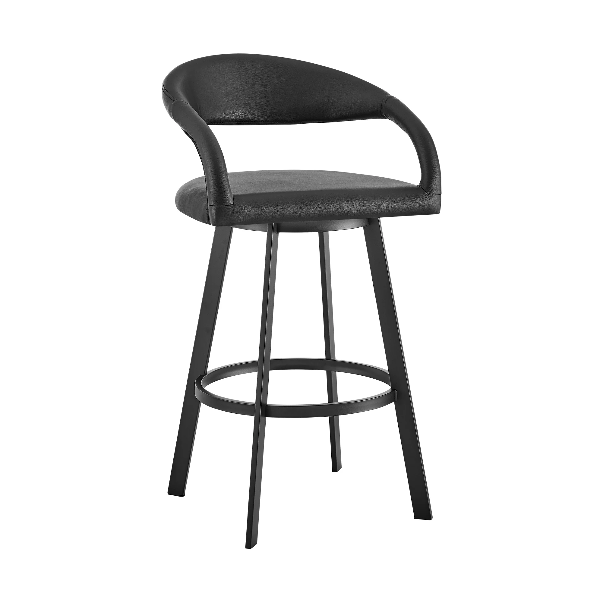 Ramona 30" Swivel Bar Stool with Matte Black Iron and Black Faux Leather By Armen Living - Image 2