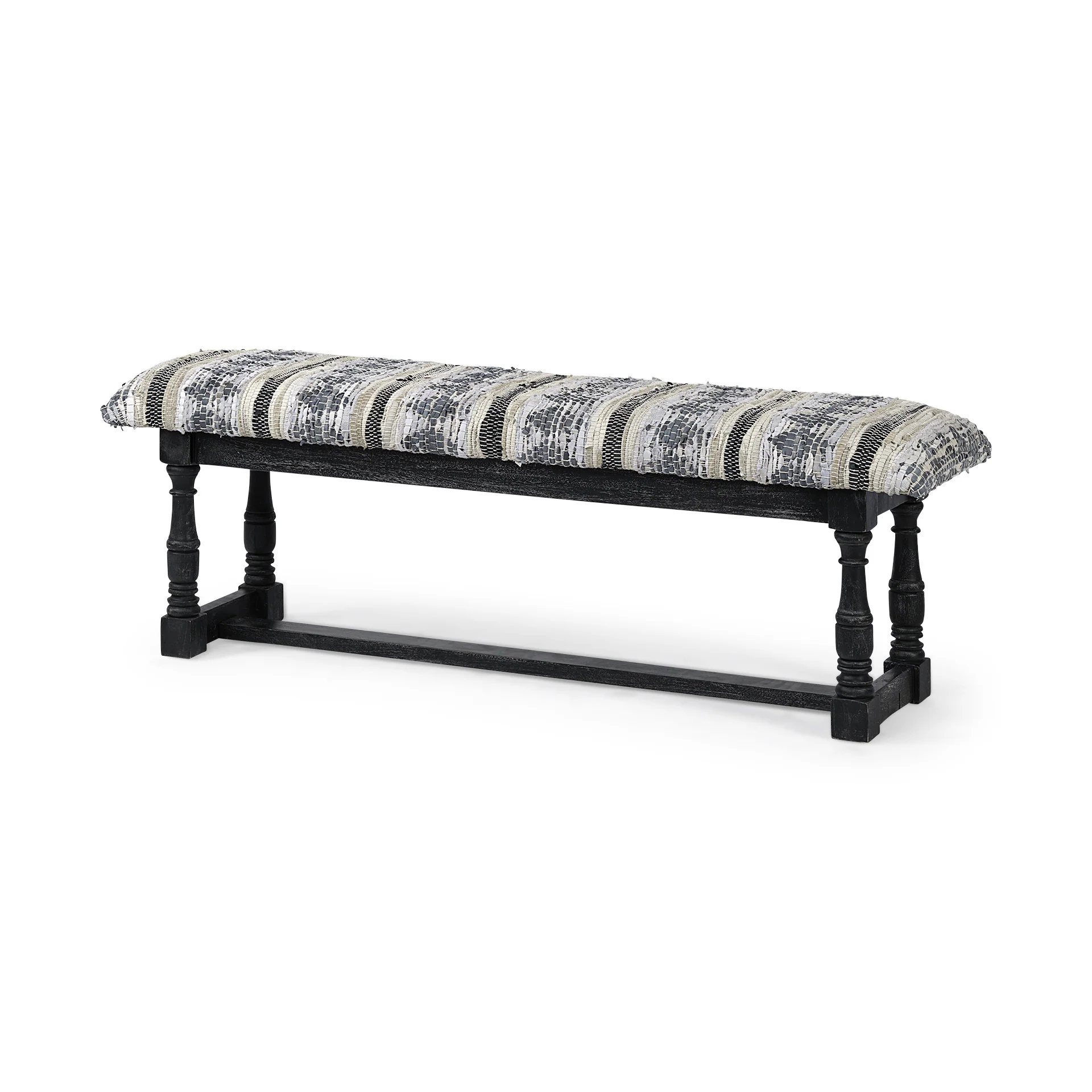 Rectangular Indian Mango WoodBlack W Woven-Leather Cushion Top Accent Bench By Homeroots