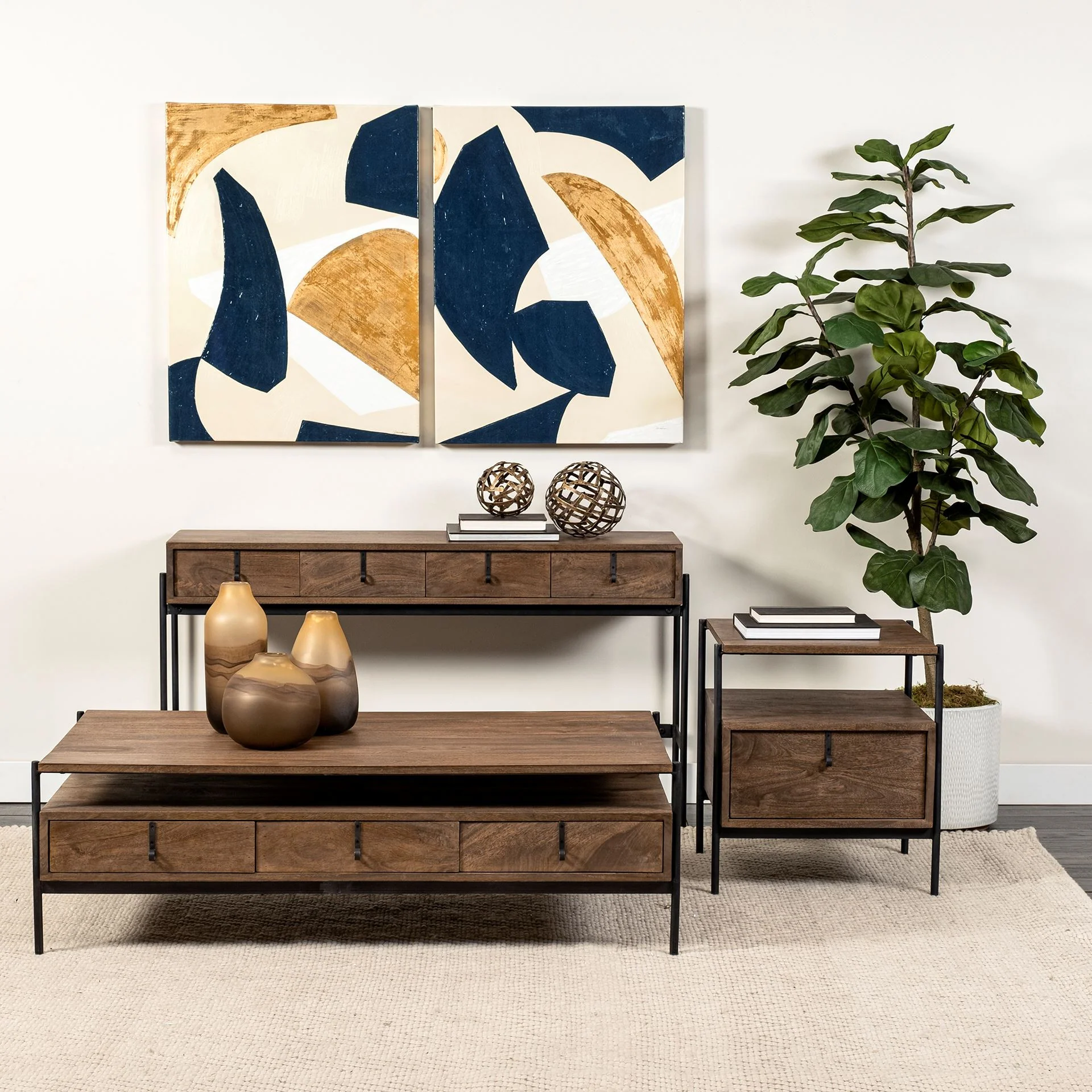 Rectangular Solid Wood and Black Metal Coffee Table w 3 Drawers By Homeroots - Image 6
