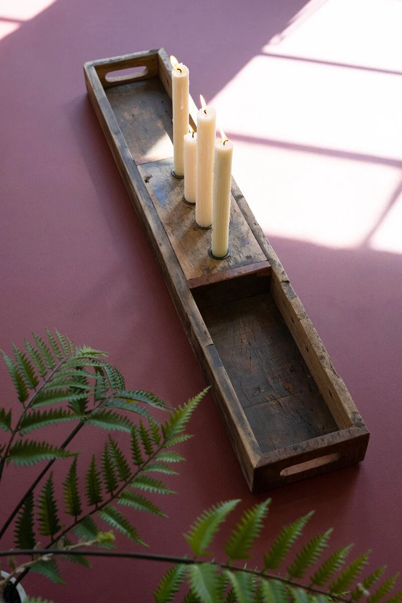 Recycled Wooden Tray With Four Candle Holders By Kalalou - Image 3