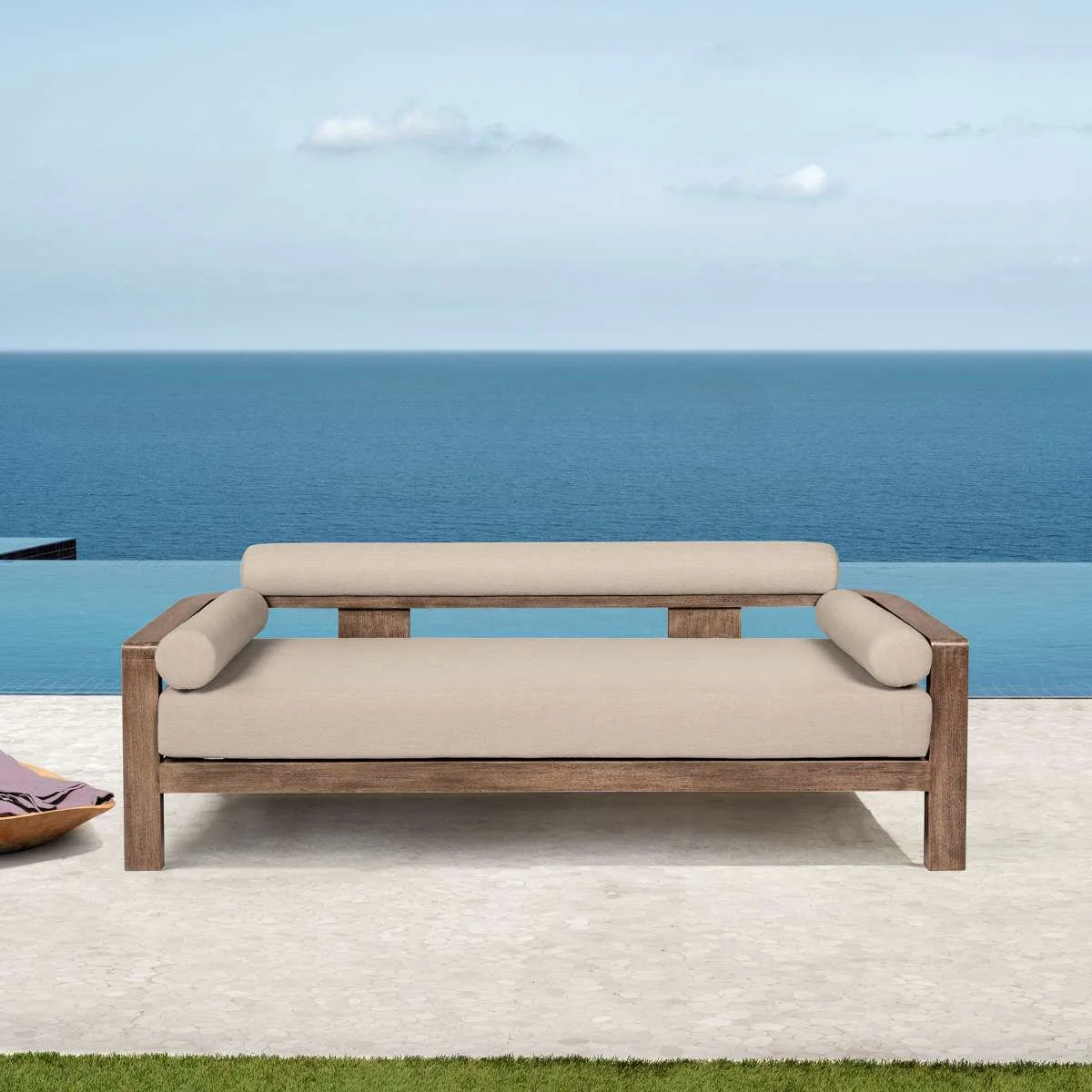 Relic Outdoor Patio Sofa in Weathered Eucalyptus Wood with Taupe Olefin Cushions By Armen Living