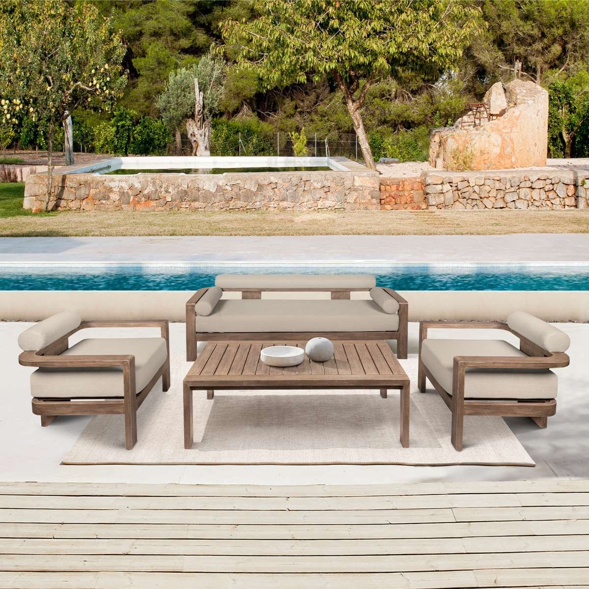 Relic Outdoor Patio Sofa in Weathered Eucalyptus Wood with Taupe Olefin Cushions By Armen Living - Image 2