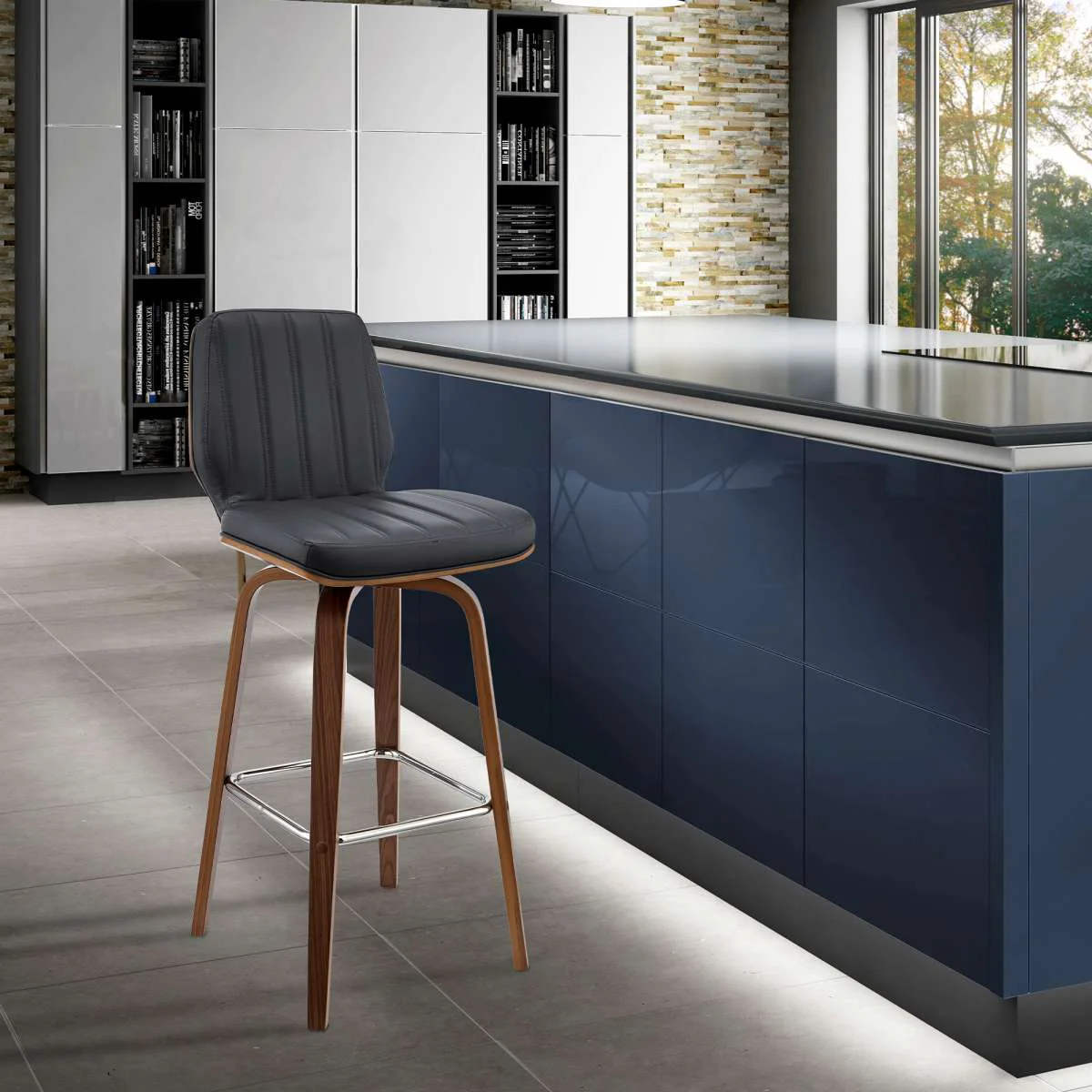 Renee 30" Swivel Grey Faux Leather and Walnut Wood Bar Stool By Armen Living
