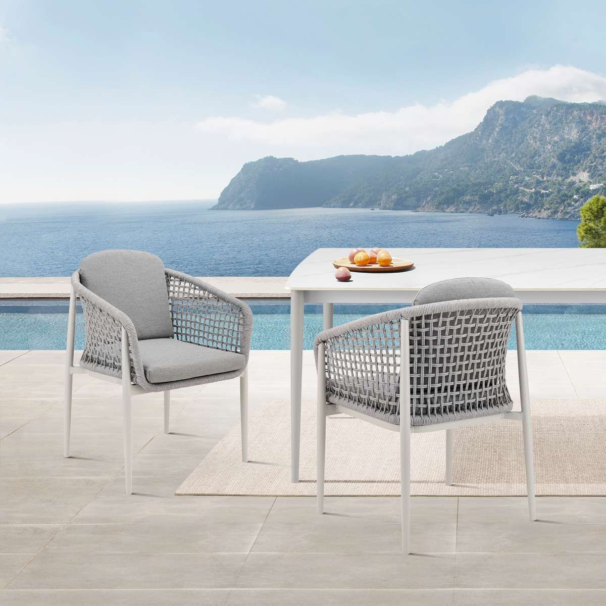 Rhodes Outdoor Patio Dining Chair in Aluminum with Light Gray Rope and Cushions - Set of 2 By Armen Living