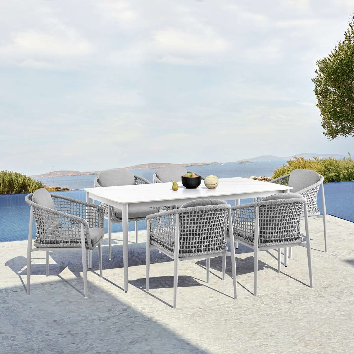Rhodes Outdoor Patio Rectangular Dining Table in Snowy Sintered Stone and Porcelain Finish By Armen Living - Image 2
