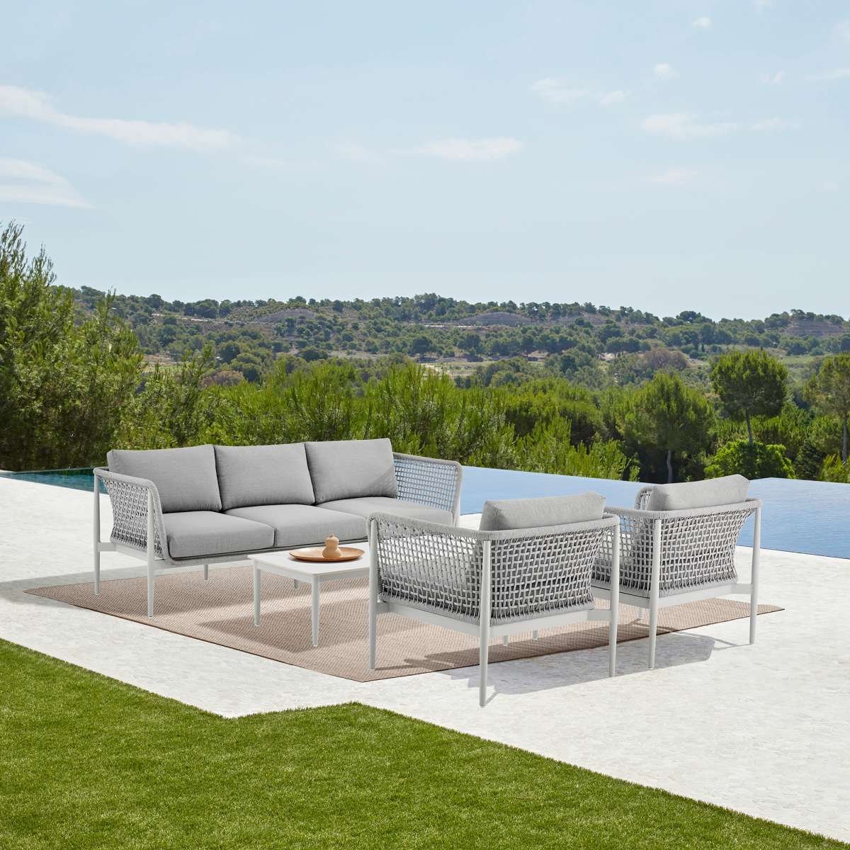 Rhodes Outdoor Patio Sofa in Aluminum with Light Gray Rope and Cushions By Armen Living - Image 2