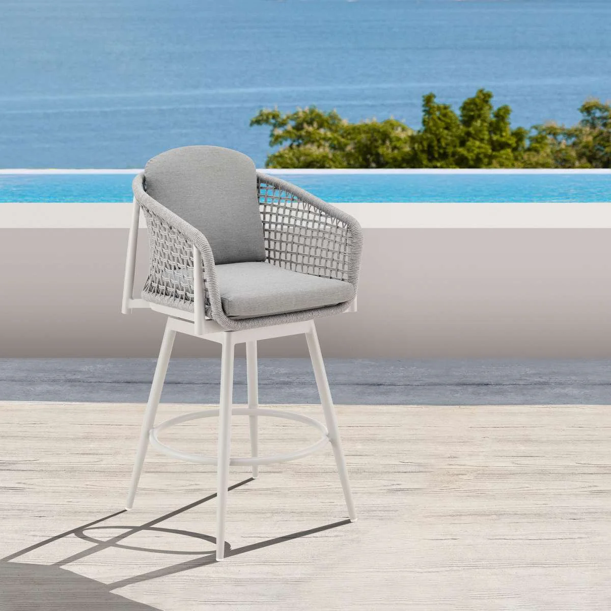 Rhodes Outdoor Patio Swivel Counter Stool in Aluminum with Light Gray Rope and Cushions By Armen Living