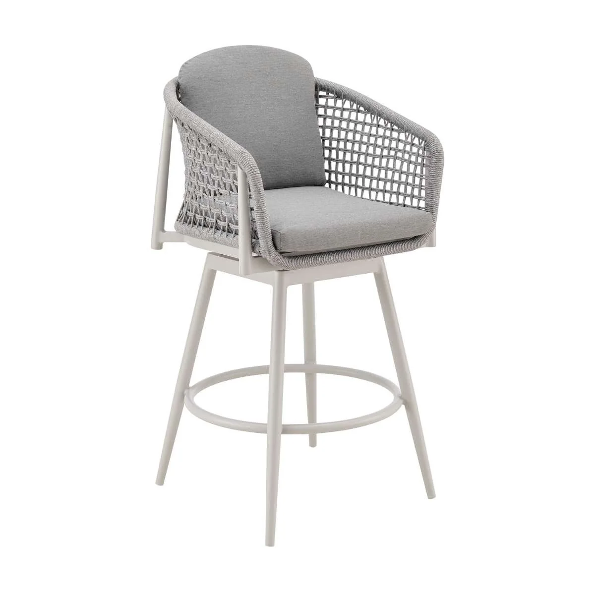 Rhodes Outdoor Patio Swivel Counter Stool in Aluminum with Light Gray Rope and Cushions By Armen Living - Image 2