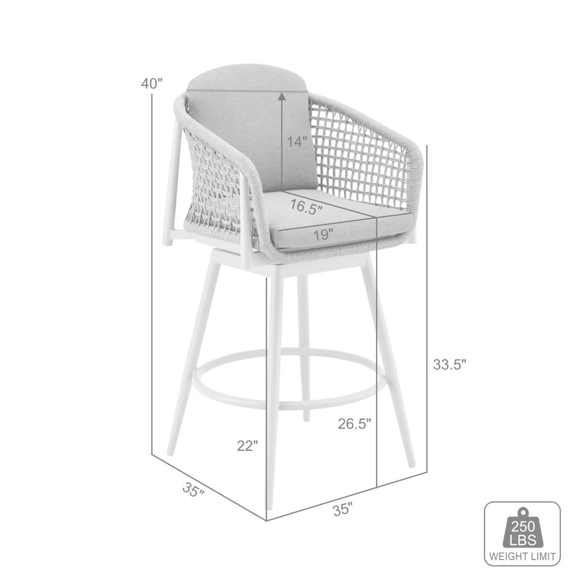 Rhodes Outdoor Patio Swivel Counter Stool in Aluminum with Light Gray Rope and Cushions By Armen Living - Image 7