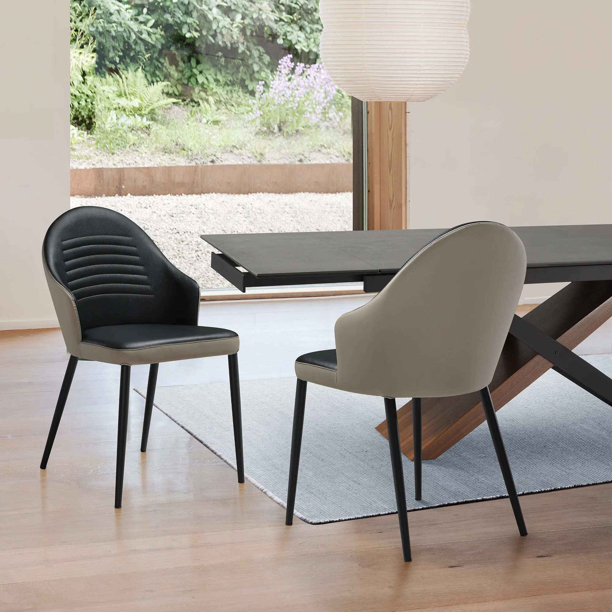 Rocco Upholstered Dining Chair in Taupe Gray and Black Faux Leather with Black Metal Legs - Set of 2 By Armen Living