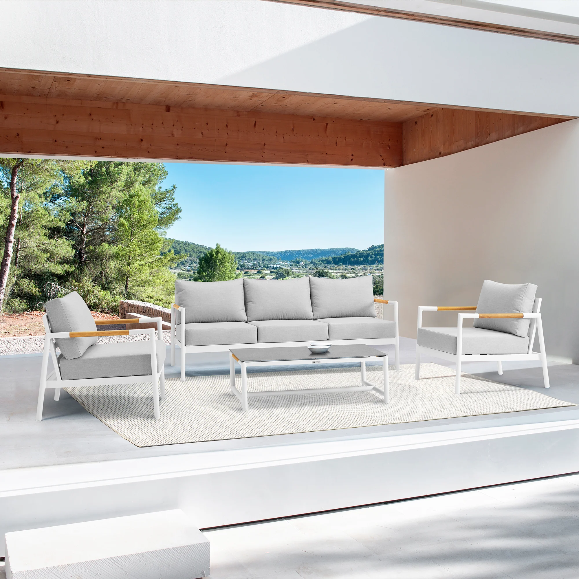Royal 4 Piece White Aluminum and Teak Outdoor Seating Set with Light Gray Cushions By Armen Living