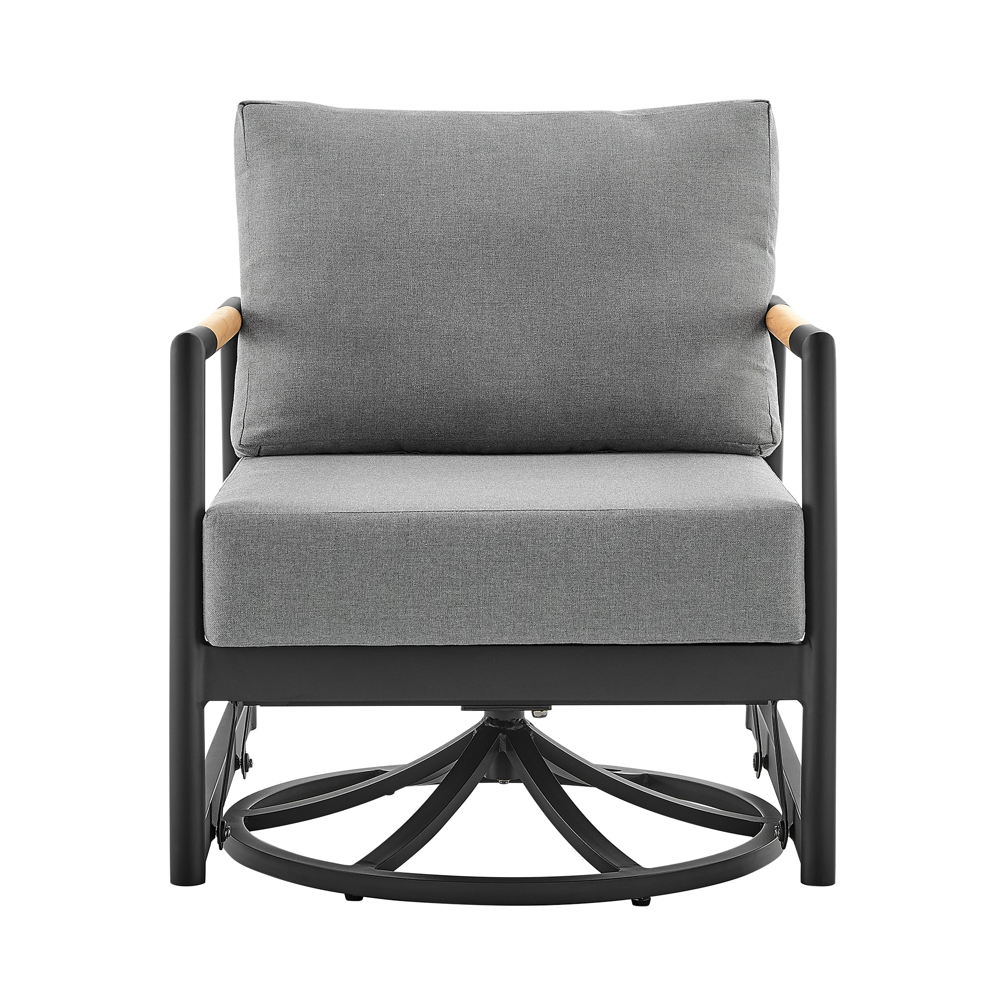 Royal Outdoor Patio Swivel Glider Lounge Chair in Black Aluminum and Teak Wood with Cushions By Armen Living - Image 3