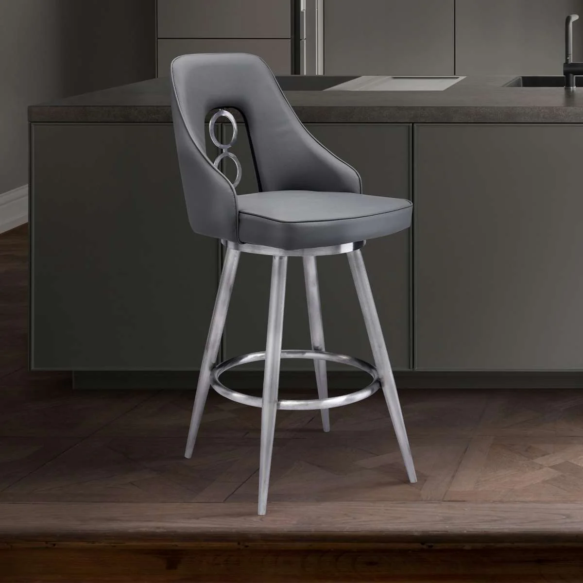 Ruby 30" Bar Height Swivel Black Faux Leather and Brushed Stainless Steel Bar Stool By Armen Living