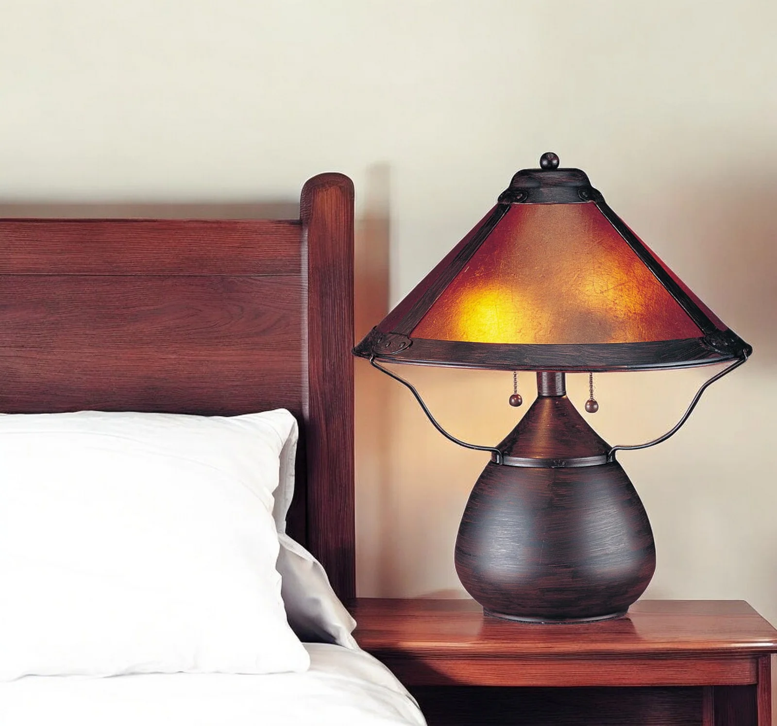 Rust Metal Two Light Round Table Lamp With Amber Empire Shade By Homeroots